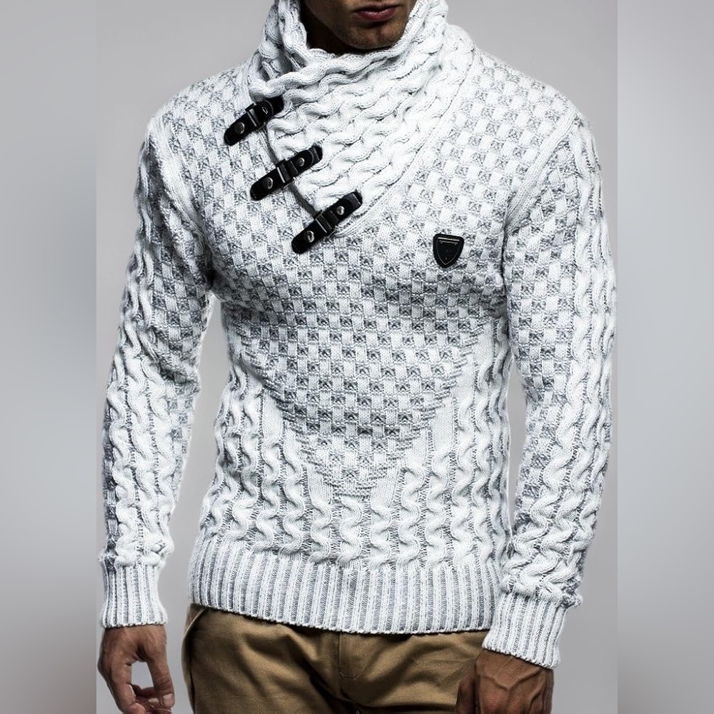 Men's Elegant White Grey Turtleneck Sweater with Leather Strap Accents LN-5255
